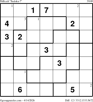 The grouppuzzles.com Difficult Sudoku-7 puzzle for Tuesday April 14, 2026 with the first 3 steps marked