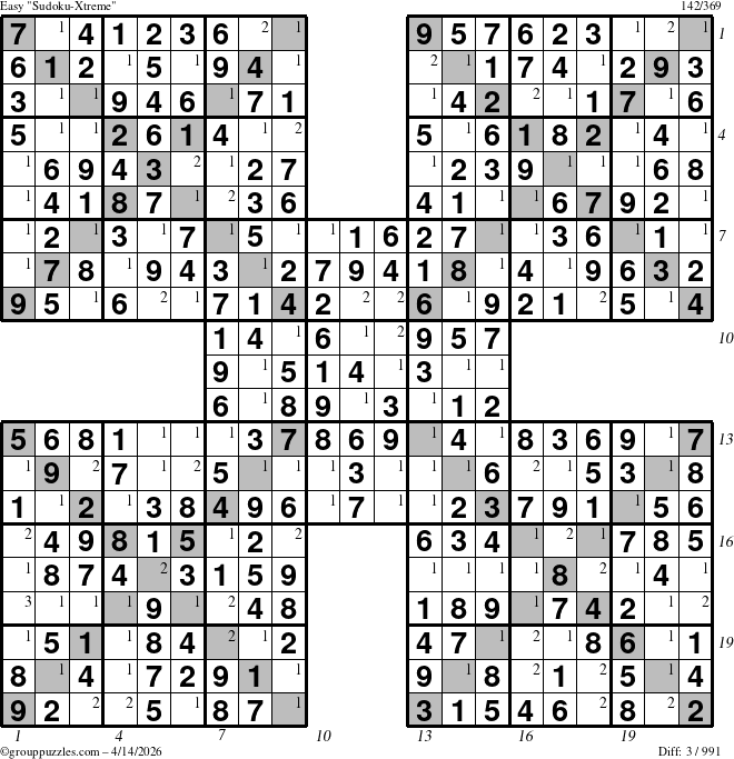 The grouppuzzles.com Easy Sudoku-Xtreme puzzle for Tuesday April 14, 2026, suitable for printing, with all 3 steps marked