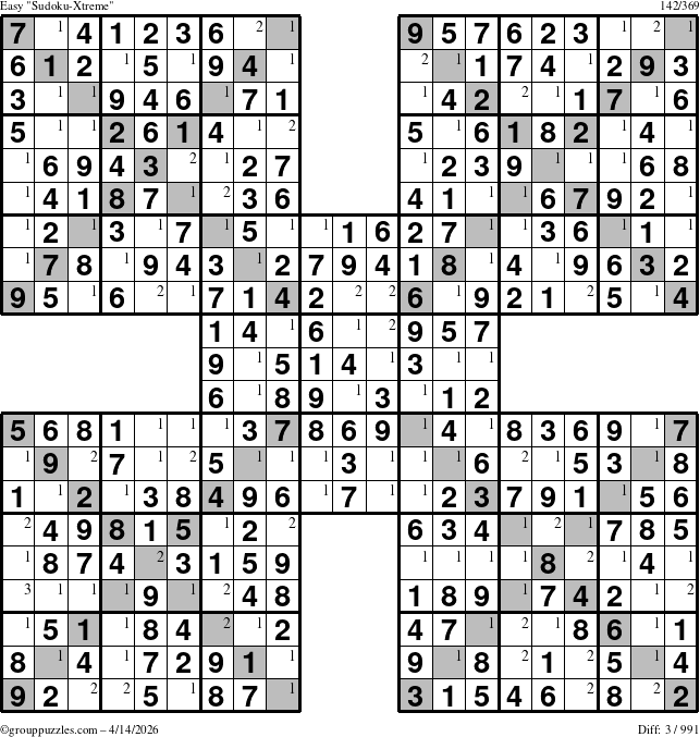 The grouppuzzles.com Easy Sudoku-Xtreme puzzle for Tuesday April 14, 2026 with the first 3 steps marked