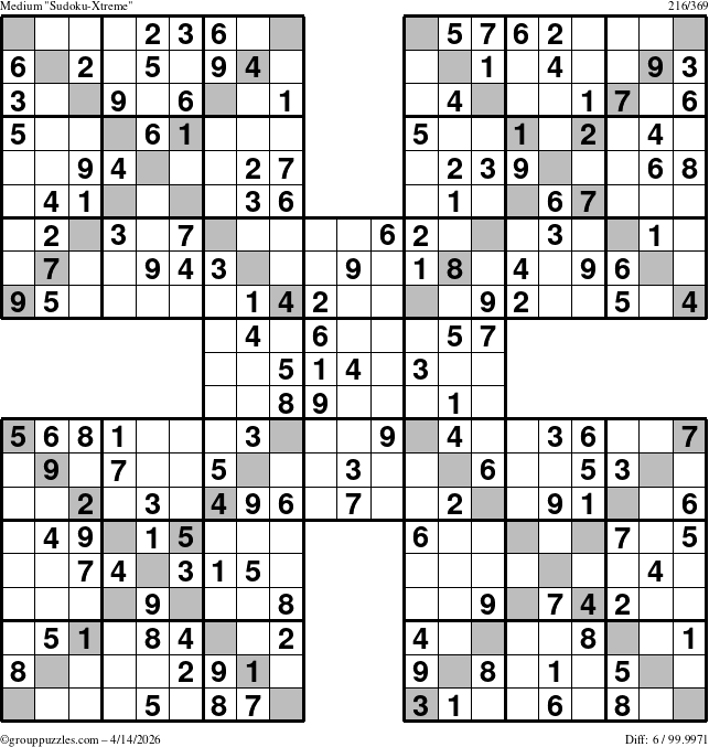 The grouppuzzles.com Medium Sudoku-Xtreme puzzle for Tuesday April 14, 2026