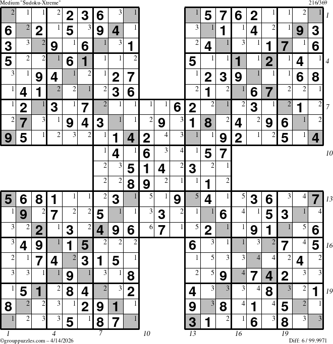 The grouppuzzles.com Medium Sudoku-Xtreme puzzle for Tuesday April 14, 2026, suitable for printing, with all 6 steps marked