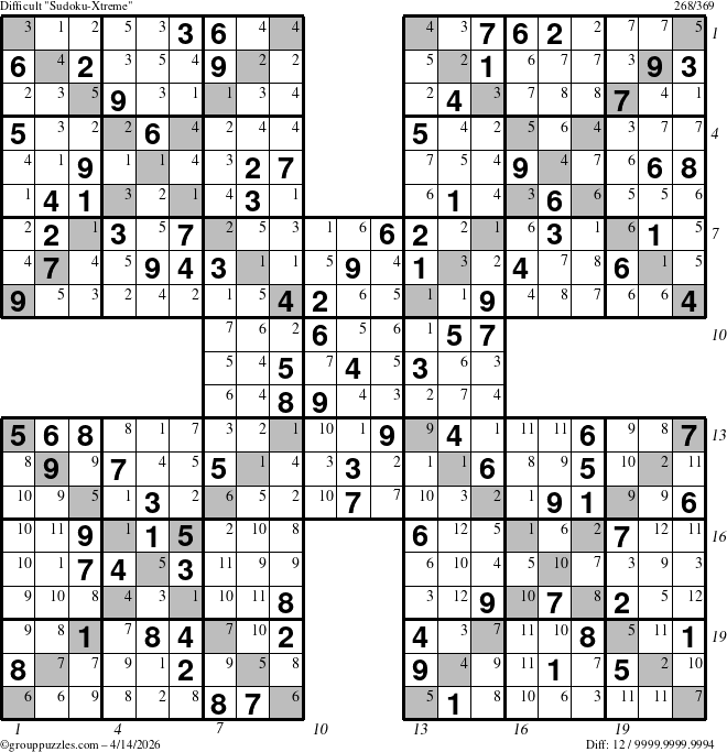 The grouppuzzles.com Difficult Sudoku-Xtreme puzzle for Tuesday April 14, 2026 with all 12 steps marked