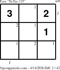 The grouppuzzles.com Easy TicTac-123 puzzle for Tuesday April 14, 2026 with all 2 steps marked