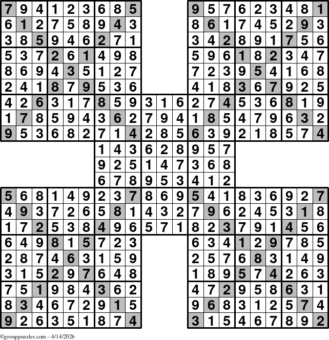 The grouppuzzles.com Answer grid for the Sudoku-Xtreme puzzle for Tuesday April 14, 2026