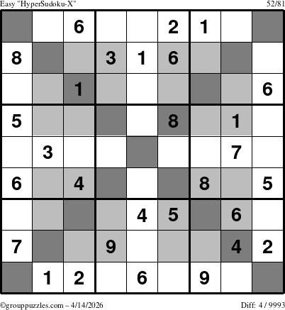 The grouppuzzles.com Easy HyperSudoku-X puzzle for Tuesday April 14, 2026