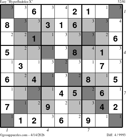 The grouppuzzles.com Easy HyperSudoku-X puzzle for Tuesday April 14, 2026 with all 4 steps marked