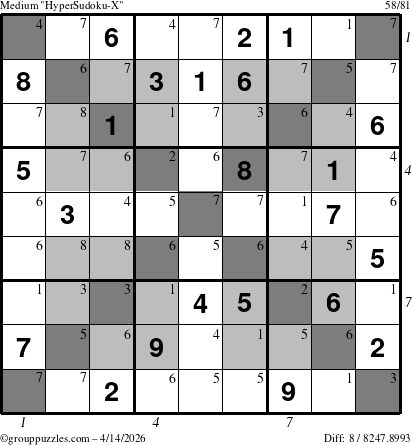 The grouppuzzles.com Medium HyperSudoku-X puzzle for Tuesday April 14, 2026, suitable for printing, with all 8 steps marked