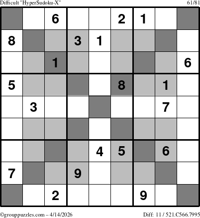 The grouppuzzles.com Difficult HyperSudoku-X puzzle for Tuesday April 14, 2026