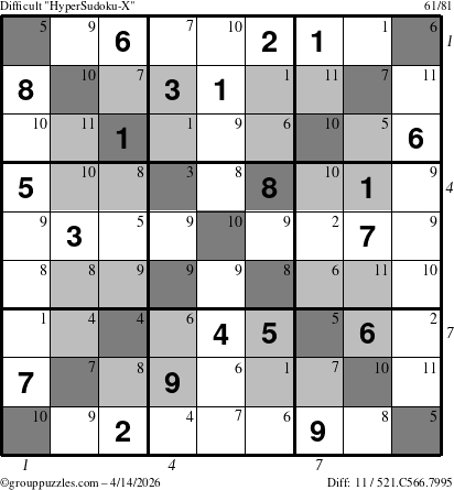 The grouppuzzles.com Difficult HyperSudoku-X puzzle for Tuesday April 14, 2026, suitable for printing, with all 11 steps marked