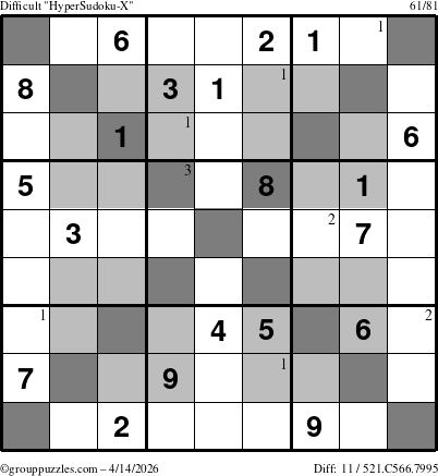 The grouppuzzles.com Difficult HyperSudoku-X puzzle for Tuesday April 14, 2026 with the first 3 steps marked