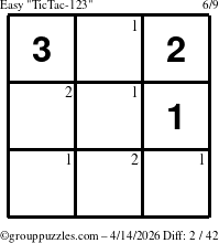 The grouppuzzles.com Easy TicTac-123 puzzle for Tuesday April 14, 2026 with the first 2 steps marked