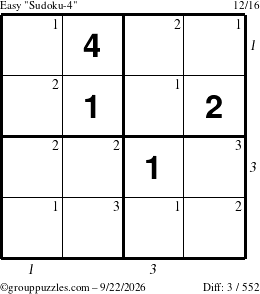 The grouppuzzles.com Easy Sudoku-4 puzzle for Tuesday September 22, 2026, suitable for printing, with all 3 steps marked