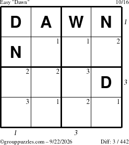The grouppuzzles.com Easy Dawn puzzle for Tuesday September 22, 2026, suitable for printing, with all 3 steps marked