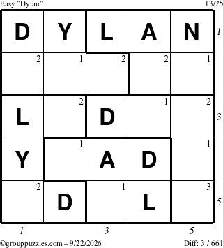 The grouppuzzles.com Easy Dylan puzzle for Tuesday September 22, 2026, suitable for printing, with all 3 steps marked