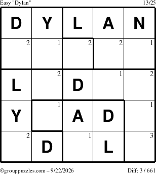 The grouppuzzles.com Easy Dylan puzzle for Tuesday September 22, 2026 with the first 3 steps marked
