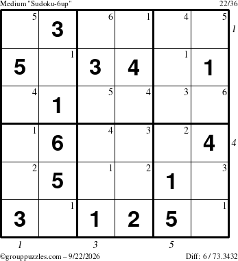 The grouppuzzles.com Medium Sudoku-6up puzzle for Tuesday September 22, 2026 with all 6 steps marked