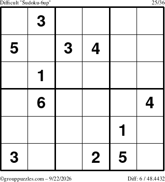 The grouppuzzles.com Difficult Sudoku-6up puzzle for Tuesday September 22, 2026