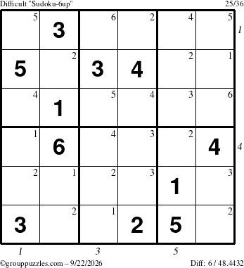 The grouppuzzles.com Difficult Sudoku-6up puzzle for Tuesday September 22, 2026 with all 6 steps marked