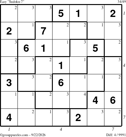 The grouppuzzles.com Easy Sudoku-7 puzzle for Tuesday September 22, 2026 with all 4 steps marked