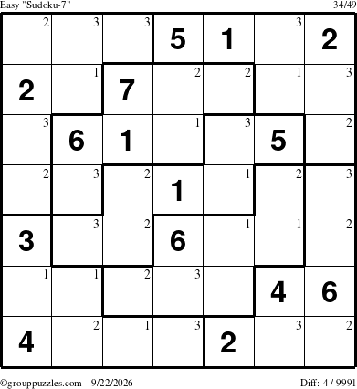 The grouppuzzles.com Easy Sudoku-7 puzzle for Tuesday September 22, 2026 with the first 3 steps marked