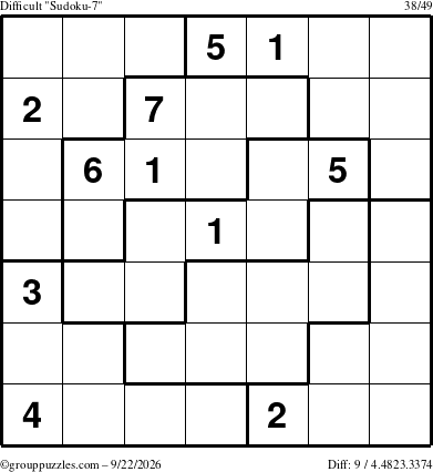 The grouppuzzles.com Difficult Sudoku-7 puzzle for Tuesday September 22, 2026