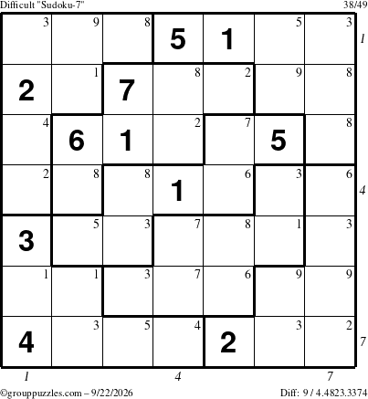 The grouppuzzles.com Difficult Sudoku-7 puzzle for Tuesday September 22, 2026, suitable for printing, with all 9 steps marked