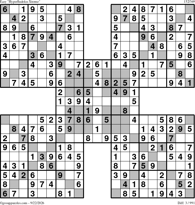 The grouppuzzles.com Easy HyperSudoku-Xtreme puzzle for Tuesday September 22, 2026