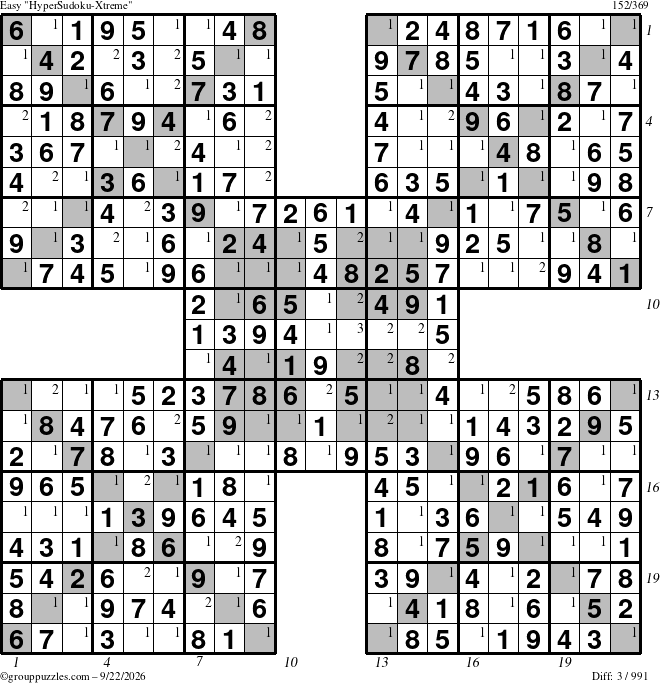 The grouppuzzles.com Easy HyperSudoku-Xtreme puzzle for Tuesday September 22, 2026, suitable for printing, with all 3 steps marked