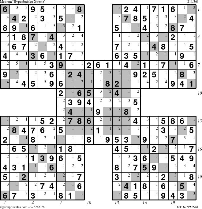The grouppuzzles.com Medium HyperSudoku-Xtreme puzzle for Tuesday September 22, 2026, suitable for printing, with all 6 steps marked