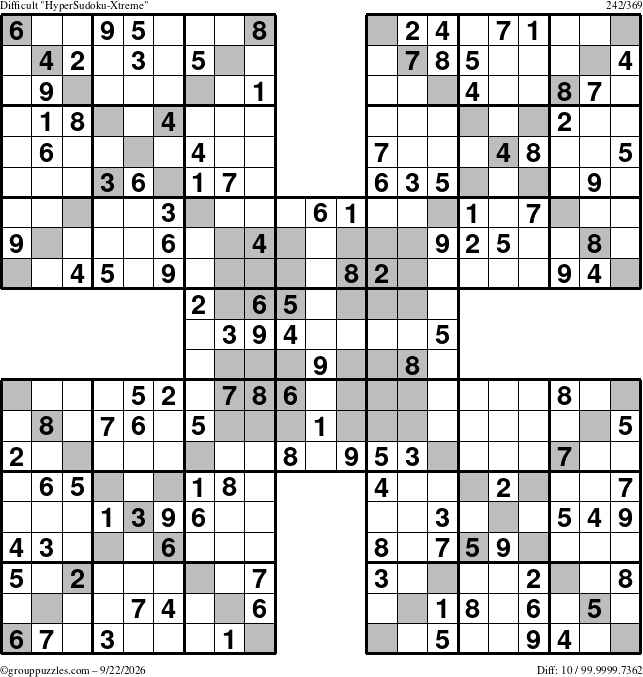 The grouppuzzles.com Difficult HyperSudoku-Xtreme puzzle for Tuesday September 22, 2026