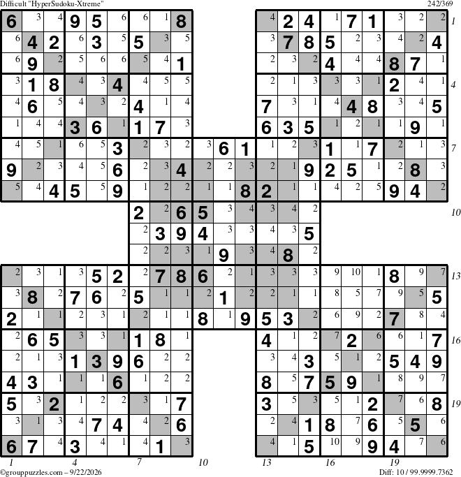 The grouppuzzles.com Difficult HyperSudoku-Xtreme puzzle for Tuesday September 22, 2026, suitable for printing, with all 10 steps marked