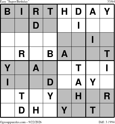 The grouppuzzles.com Easy Super-Birthday puzzle for Tuesday September 22, 2026
