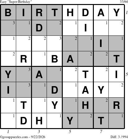 The grouppuzzles.com Easy Super-Birthday puzzle for Tuesday September 22, 2026 with all 3 steps marked
