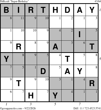 The grouppuzzles.com Difficult Super-Birthday puzzle for Tuesday September 22, 2026, suitable for printing, with all 11 steps marked