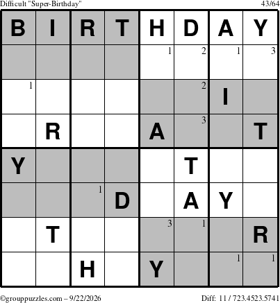The grouppuzzles.com Difficult Super-Birthday puzzle for Tuesday September 22, 2026 with the first 3 steps marked