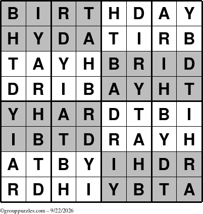 The grouppuzzles.com Answer grid for the Super-Birthday puzzle for Tuesday September 22, 2026
