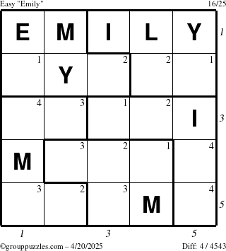 The grouppuzzles.com Easy Emily puzzle for Sunday April 20, 2025 with all 4 steps marked
