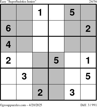 The grouppuzzles.com Easy SuperSudoku-Junior puzzle for Sunday April 20, 2025
