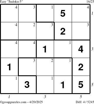 The grouppuzzles.com Easy Sudoku-5 puzzle for Sunday April 20, 2025 with all 4 steps marked