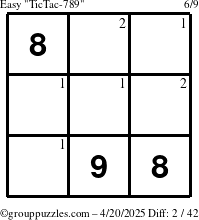 The grouppuzzles.com Easy TicTac-789 puzzle for Sunday April 20, 2025 with the first 2 steps marked