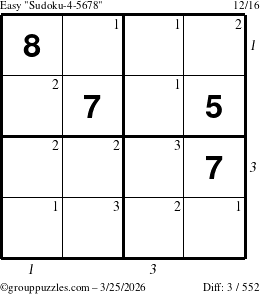 The grouppuzzles.com Easy Sudoku-4-5678 puzzle for Wednesday March 25, 2026, suitable for printing, with all 3 steps marked