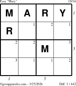 The grouppuzzles.com Easy Mary puzzle for Wednesday March 25, 2026, suitable for printing, with all 3 steps marked