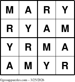 The grouppuzzles.com Answer grid for the Mary puzzle for Wednesday March 25, 2026