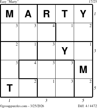 The grouppuzzles.com Easy Marty puzzle for Wednesday March 25, 2026 with all 4 steps marked