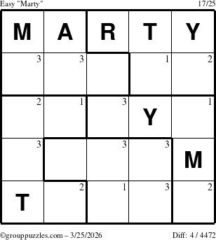 The grouppuzzles.com Easy Marty puzzle for Wednesday March 25, 2026 with the first 3 steps marked