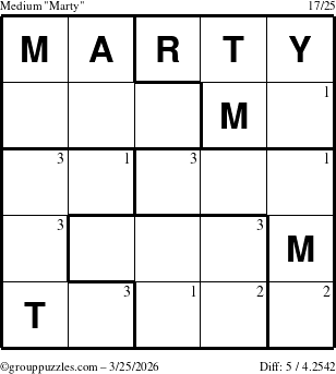 The grouppuzzles.com Medium Marty puzzle for Wednesday March 25, 2026 with the first 3 steps marked