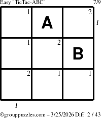 The grouppuzzles.com Easy TicTac-ABC puzzle for Wednesday March 25, 2026, suitable for printing, with all 2 steps marked