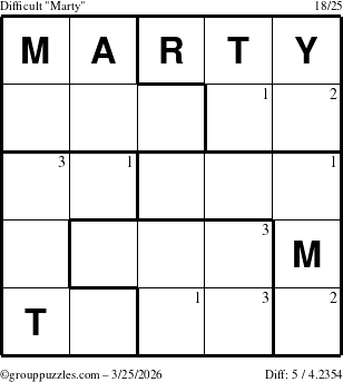 The grouppuzzles.com Difficult Marty puzzle for Wednesday March 25, 2026 with the first 3 steps marked