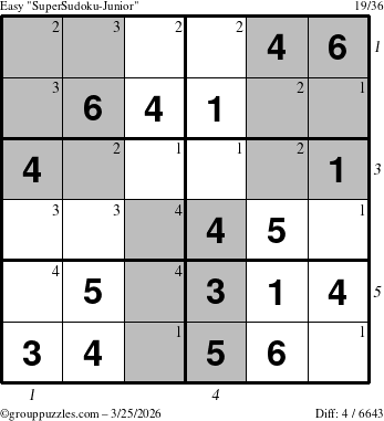 The grouppuzzles.com Easy SuperSudoku-Junior puzzle for Wednesday March 25, 2026, suitable for printing, with all 4 steps marked