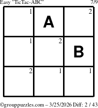 The grouppuzzles.com Easy TicTac-ABC puzzle for Wednesday March 25, 2026 with the first 2 steps marked